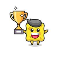 Cartoon Illustration of sponge is happy holding up the golden trophy vector