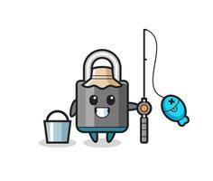 Mascot character of padlock as a fisherman vector