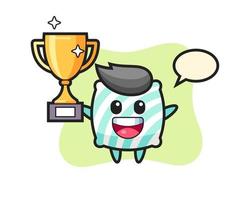 Cartoon Illustration of pillow is happy holding up the golden trophy vector