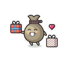 money sack mascot cartoon giving the gift vector