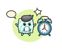 Cartoon Illustration of pillow is surprised with a giant alarm clock vector