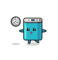 Character cartoon of power bank is playing volleyball vector