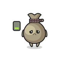 money sack mascot character doing a tired gesture vector