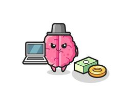 Ilustración de mascota del cerebro como pirata informático. vector