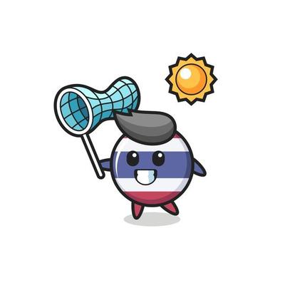 thailand flag badge mascot illustration is catching butterfly