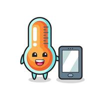 thermometer illustration cartoon holding a smartphone vector