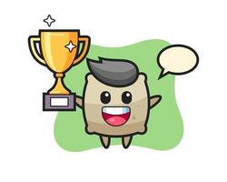 Cartoon Illustration of sack is happy holding up the golden trophy vector