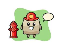 Mascota personaje de saco como bombero. vector