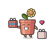 sunflower pot mascot cartoon giving the gift vector