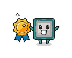 processor mascot illustration holding a golden badge vector