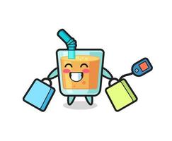 orange juice mascot cartoon holding a shopping bag vector