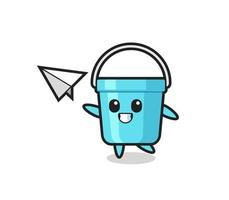 plastic bucket cartoon character throwing paper airplane vector