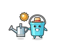 Cartoon character of plastic bucket holding watering can vector