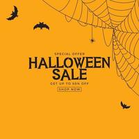 Orange Halloween sale poster with bat and spider. Vector Illustration