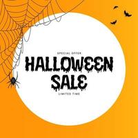 Orange Halloween sale poster with bat and spider. Vector Illustration