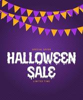 Halloween sale poster with flags and garland on purple background vector