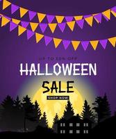 cartel de venta de halloween con banderas y guirnaldas vector