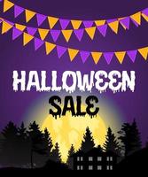 cartel de venta de halloween con banderas y guirnaldas sobre fondo morado. vector