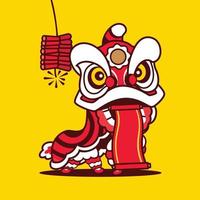 Cartoon Lion Dance carrying empt yspring couplet with fire cracker vector