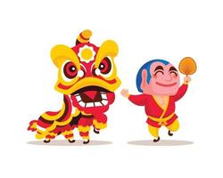 Flat design of lion dance with big head buddha performance vector