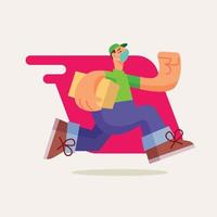 Flat design delivery man character sending parcel with fast speedy. vector