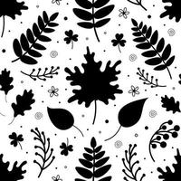 Black silhouettes of various leaves and berries forming pattern vector