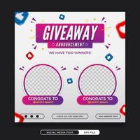 Giveaway winner announcement social media template with 3d elements