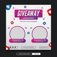 Giveaway winner announcement social media template with 3d elements vector