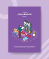 finance calculation men standing hold paper front big calculator vector