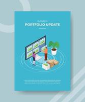 portfolio update concept women and men standing front big computer vector