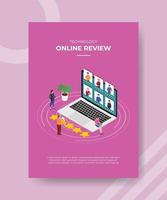 technology online review people standing front laptop vector