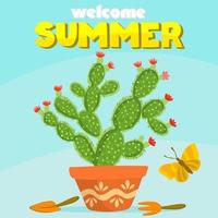 Cactus pot with flowers, greeting card vector