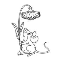 Little forest mouse holding dandelion. Meadow vole with flower. vector