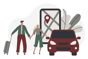 Young couple travels by car with suitcases vector