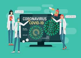 los médicos hablan sobre la estructura del coronavirus en la televisión vector