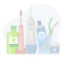 Toothbrushes and mouthwash with floss and paste vector