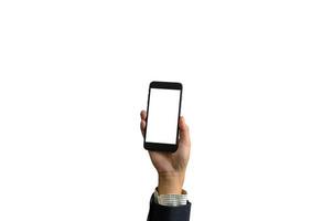 Hand holding smart phone on white background photo