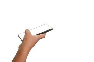 Hand holding smart phone on white background photo