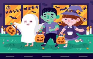 niños haciendo truco o trato en halloween vector