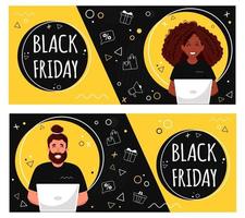 banner de viernes negro. personas con laptop haciendo compras en línea. vector