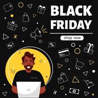 Black friday banner. Black man with laptop doing online shopping. vector