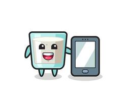 milk illustration cartoon holding a smartphone vector