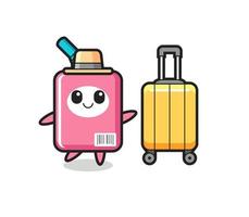 milk box cartoon illustration with luggage on vacation vector