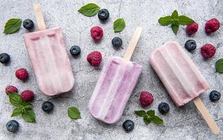 Homemade raspberry and blueberry ice cream photo