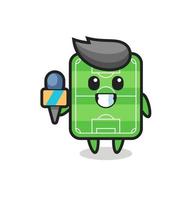 mascota del personaje del campo de fútbol como reportero de noticias. vector