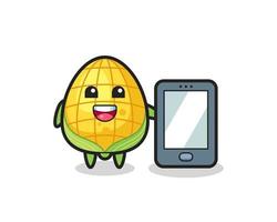 corn illustration cartoon holding a smartphone vector