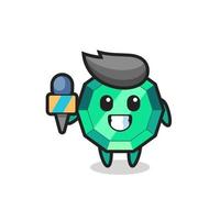 Character mascot of emerald gemstone as a news reporter vector