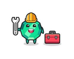 Mascot cartoon of emerald gemstone as a mechanic vector