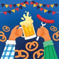 Brindando cerveza y salchichas en la fiesta de Oktoberfest vector
