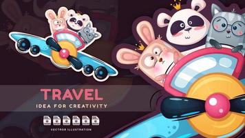 Cartoon character animal friend travel. vector